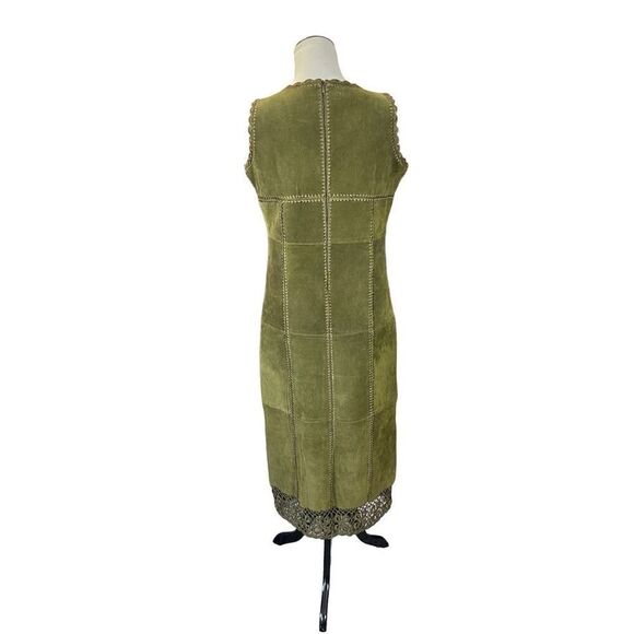 S.M.H. Boutique Patchwork Leather Olive Midi Dress Size 8 - Picture 2 of 8